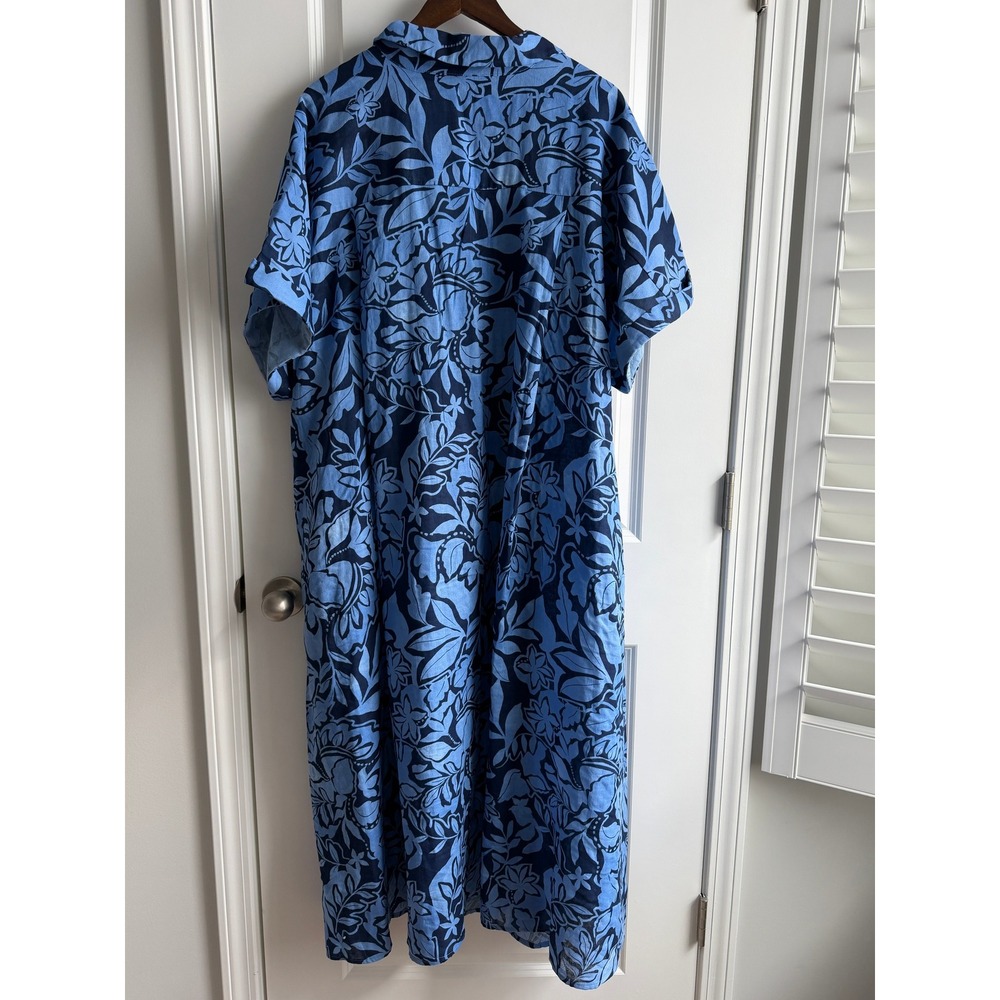 Belle Asle Blue Floral Organic Linen Midi Caftan Dress Short Sleeve Pocket - Picture 9 of 16